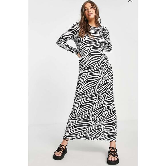 ASOS Zebra Print Long Sleeve Maxi Dress Size 2 Black white - Picture 1 of 7